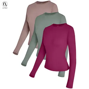 AUTOMET Women's 3-Piece Long Sleeve Basic Crop T-Shirts - Slim Fit, Soft Polyester Fabric, Round Neck, Simple Style, Fall Fashion, Going Out Tops, Y2K Underscrubs Layer, Haze Blue/White/Black Womenswear Blouses & Shirts women
