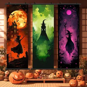 Halloween Witch Pattern Hanging Banner, 3 Counts/set Creative Canvas Poster with Gift Box, Scary Witch Decoration, Living Room Decoration