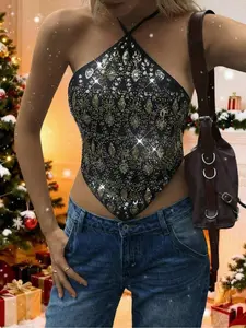Sparkle Halter Neck Short Sleeveless Tank Top, Sexy Girl Vibe, Eye-Catching and Unique, Perfect for Christmas Party, Cool Club Gatherings, Daily