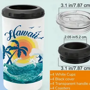 Hawaii Sublimation Can Cooler 16oz 4 In 1 Stainless Steel Insulated Blank Can Holder with Splashproof Lid & Non-slip Silicone Base Gifts