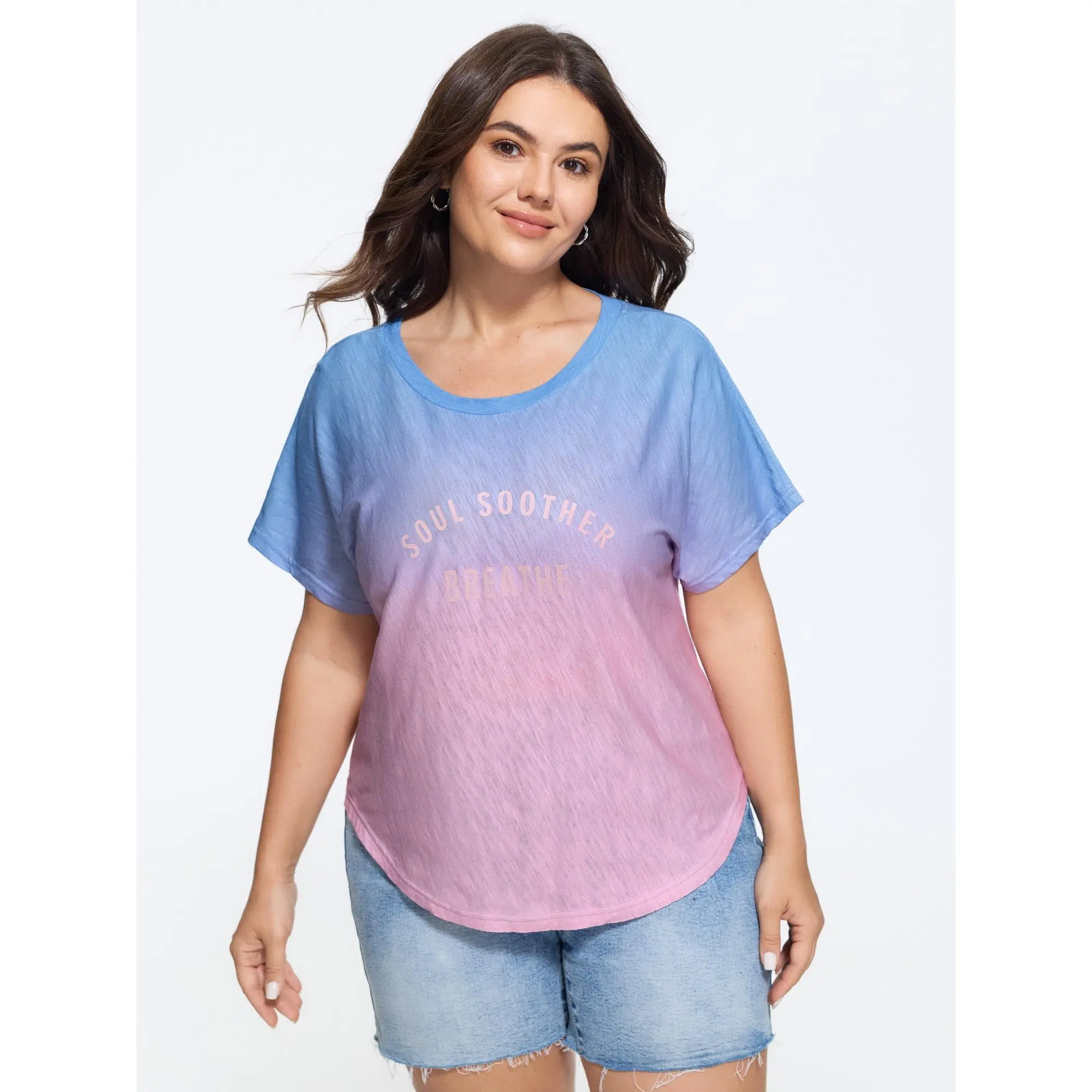 BLOOMCHIC Women's Plus Size Cotton Gradient Ombre Letter Print Curved Hem Shortsleeve T-Shirt - Casual Garment with Comfortable Fabric Fit, Sizes M-6X, 2026 Summer Finds