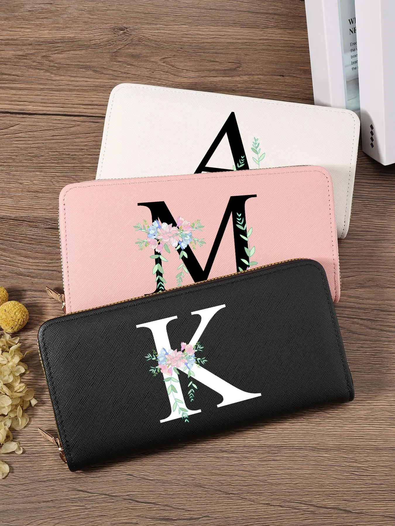 Casual Initial Floral Greenery Long Zipper Wallet, Comfortable Large Capacity Monogram Clutch Bag Multi-Slot Portable Card Holder for Women Daily Outings & Travel