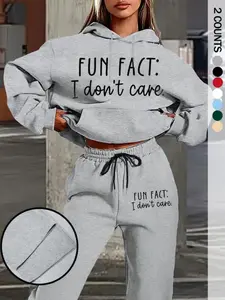 TikTok Viral! Fun Fact I Don't Care Graphic Two-Piece Set - Hoodie & Sweatpants , Casual Streetwear for Women, Fitted, Comfortable Loungewear/Everyday Outfit | Must-Have Trendy Fashion Womenswear