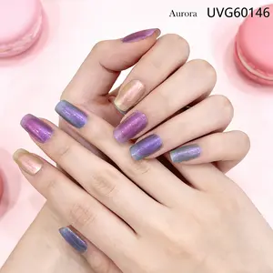 Cotton Candy Aurora Multi-Color Nail Polish, Sweet Blue Holographic Effect, Millennium Candy Nails, Half-Cured Gel Nail Strips