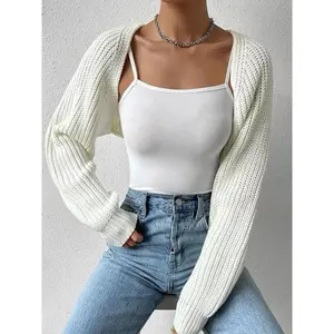 Women's Solid Raglan Sleeve Crop Cardigan Without Camisole, Casual Long Sleeve Knitwear for Spring & Fall, Women's Clothing for Daily Wear Everyday