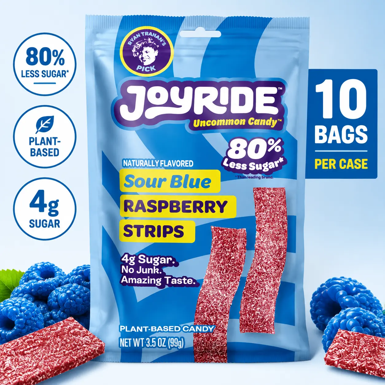 Joyride Low Sugar Sour Strip Blue Raspberry Candy 3.5 oz 10 Count  Sweet & Sour Chewy Candy Strips | Low Sugar Better Snack Treat
