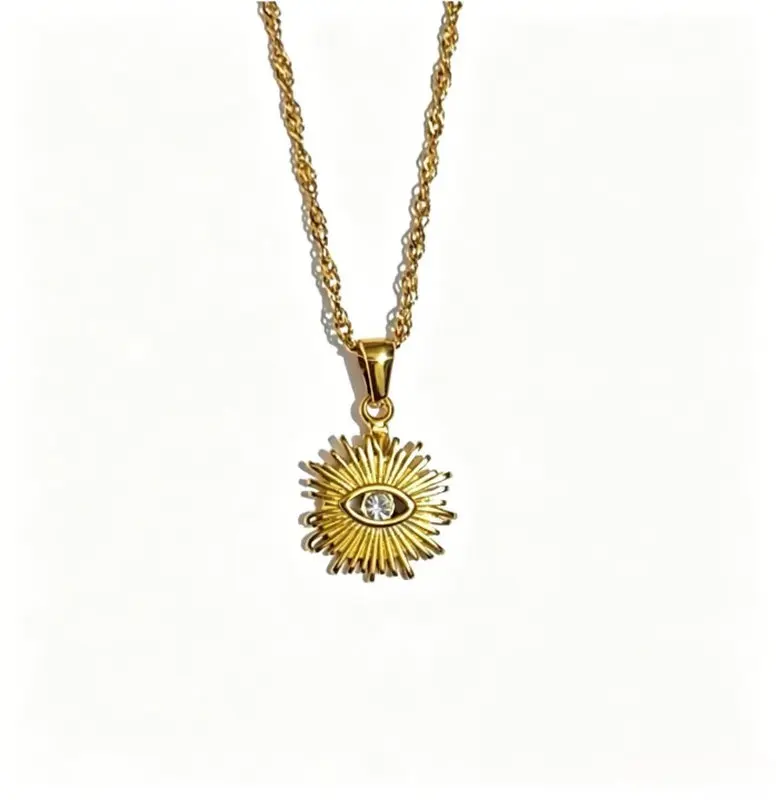 Female Round Evil Eye Sunburst Pendant Necklace - Customizable Stainless Steel Hypoallergenic Twist Rope Adjustable, Waterproof Anti-Fade 2-Color Spiritual Protection Jewelry, Lucky Amulet Gift for Daily, Birthday