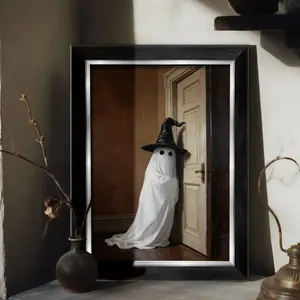 Minimalist European Wall-Mounted Picture Frame, Sizes 8x12/12x16/16x22 Inches, Ghost Wearing Witch Hat, Indoor Decor Frame
