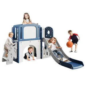 Multifunctional 8-in-1 Kids Playground Playset, Toddler Slide with Climber, Basketball Hoop, Telescope, Tunnel and Storage Area, Safe Indoor Outdoor Play Equipment for Backyard Courtyard Entertainment