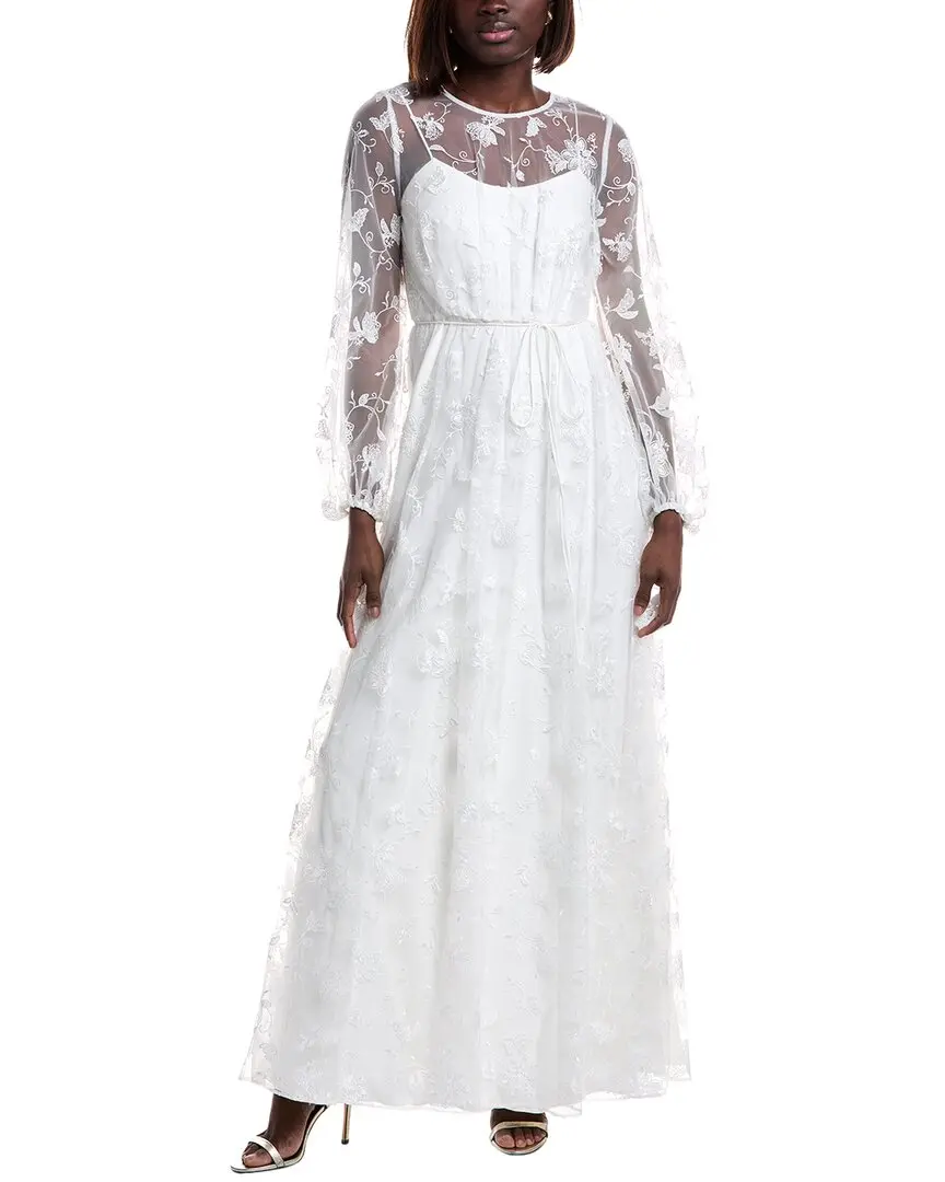 ML Monique Lhuillier Embroidered Tulle Lace Maxi Dress