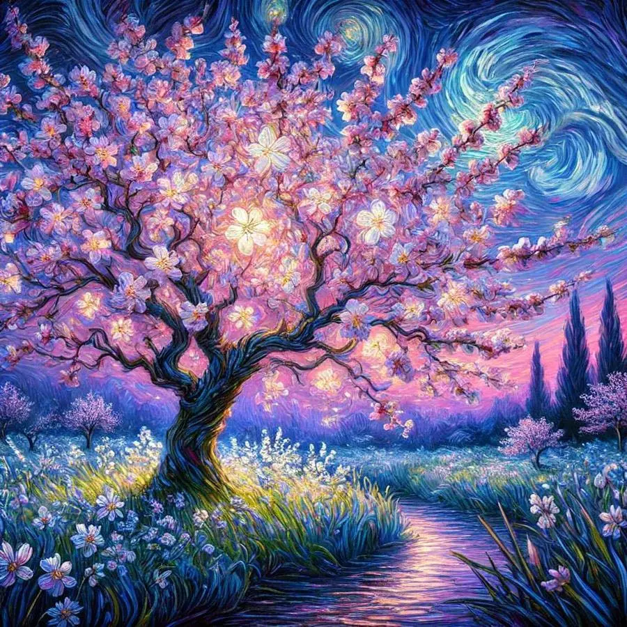 5D DIY Full Crystal Round Diamond Painting - Diamond Art Kit Dreamy Cherry Blossom Tree Mosaic, Canvas - DIY Decor, Home Wall Art, Suitable for Halloween and Christmas, Birthdays and Anniversary Gifts