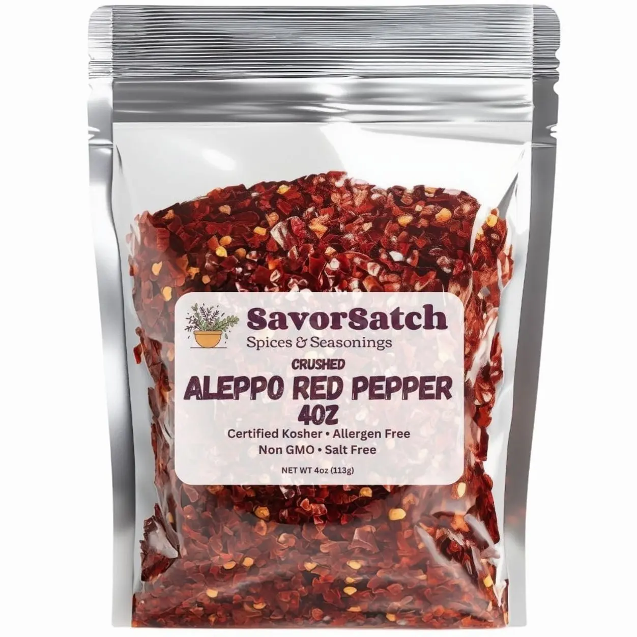 SavorSatch Aleppo Red Pepper Flakes - 4 oz Resealable Pouch | Certified Kosher, Moderately Spicy Halaby Chili Pepper | Authentic Turkish Flavor | Crushed Red Capsicum annuum for Cooking and Seasoning