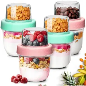 Overnight Oats Containers with Lids (8oz+4oz, 4Pcs), Reusable Glass Yogurt Parfait Cups for Cereal Nut Fruit, Dual-Layer Chia Pudding Jars, Small Mason Jars for Salad Meal Prep Snack Oatmeal