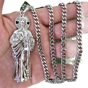 Siiver Plated San Judas Tadeo Pendant with Heavy Curb Chain for Men's Jewelry Collection