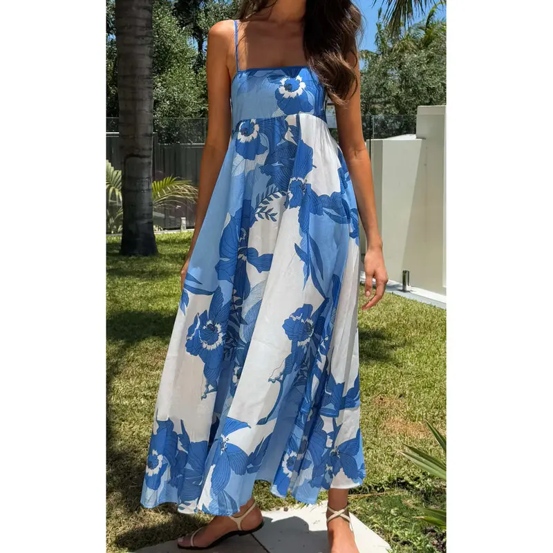 Women Boho Maxi Dress Smocked Wedding Guest Long Flowy Dresses Spaghetti Strap Floral Ruffle Swing Sundress