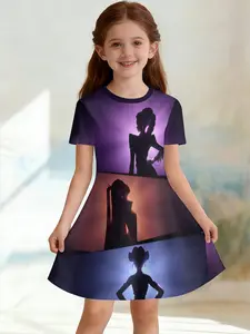 Girls' 3D Short Sleeve Dress, Gradient Kda Idol Full Print, Summer Party Wear, Perfect for Holidays, Birthday Gifts