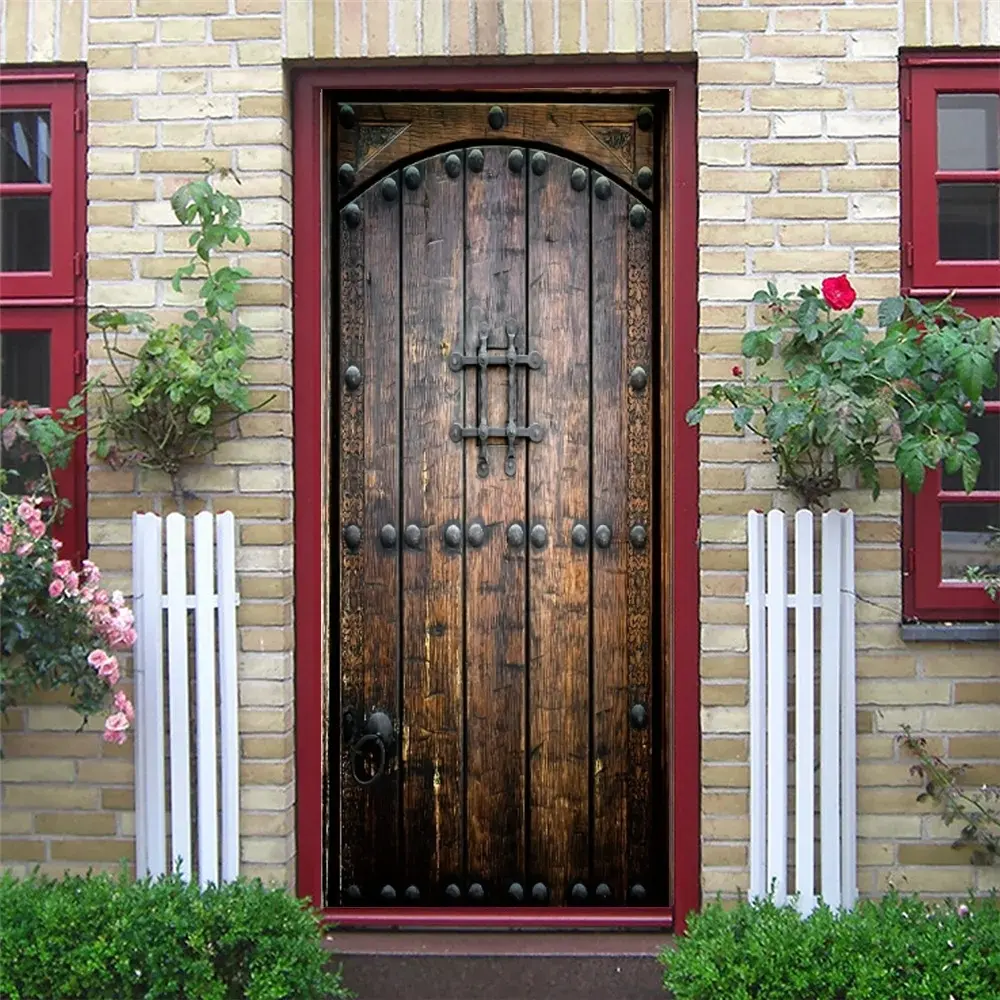 [2 Pieces of Retro Wooden Door Stickers] 2 pieces of 3D mural retro wooden door stickers, removable self-adhesive moisture-proof retro door wallpaper, suitable for home decoration wallpaper.