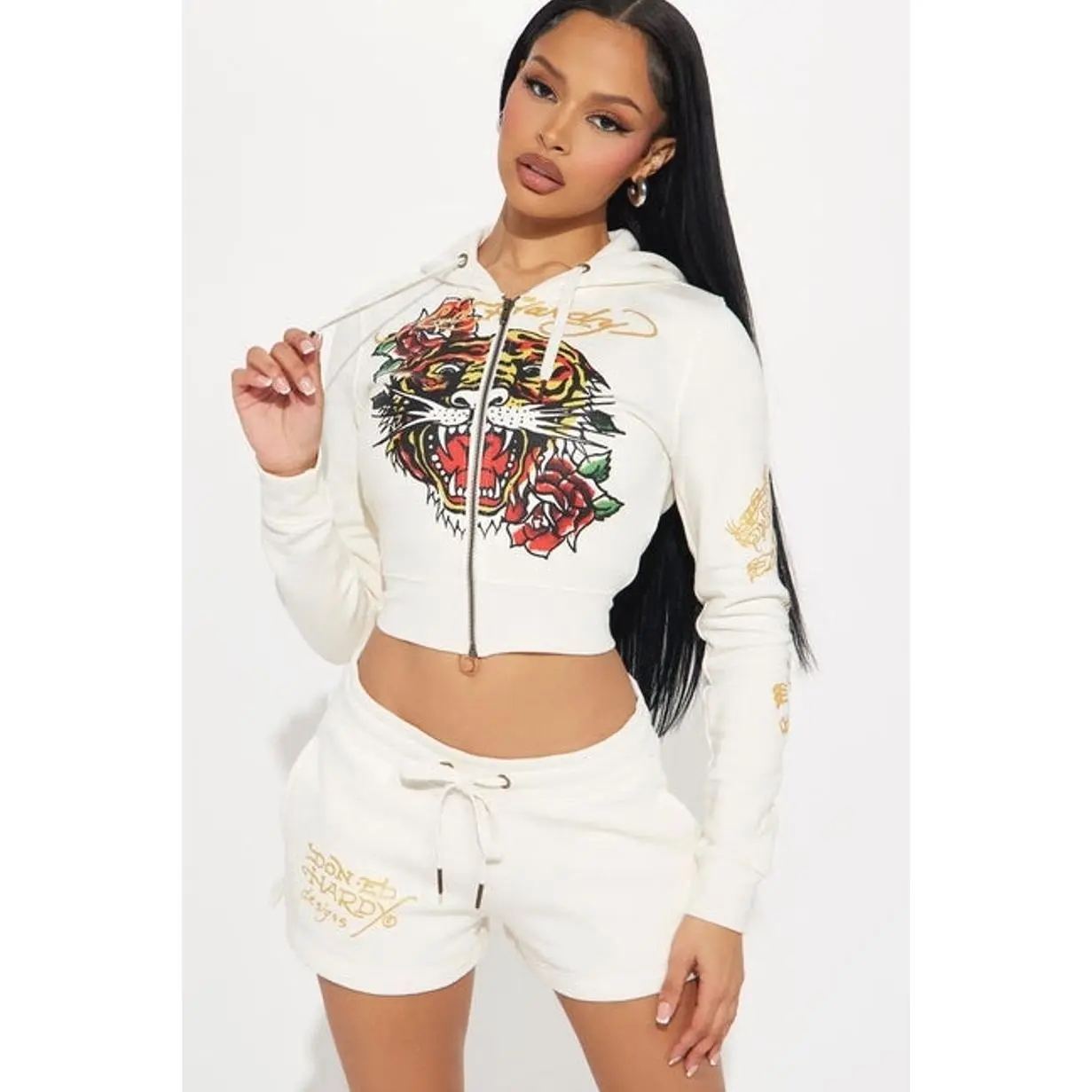 ED HARDY Women's Tiger Print Hoodie - Longsleeves Cotton-Polyester Sweatshirt, Casual Zip-Front Top with Front & Back Graphics, Ivory Available (Ed Hardy-Inspired Women's Hoodies)