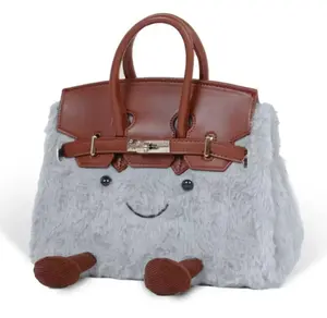 2026 New Style Women's Niche Minimalist Fleece Crossbody Bag Cartoon Fashion Furry Kelly Handbag Grey