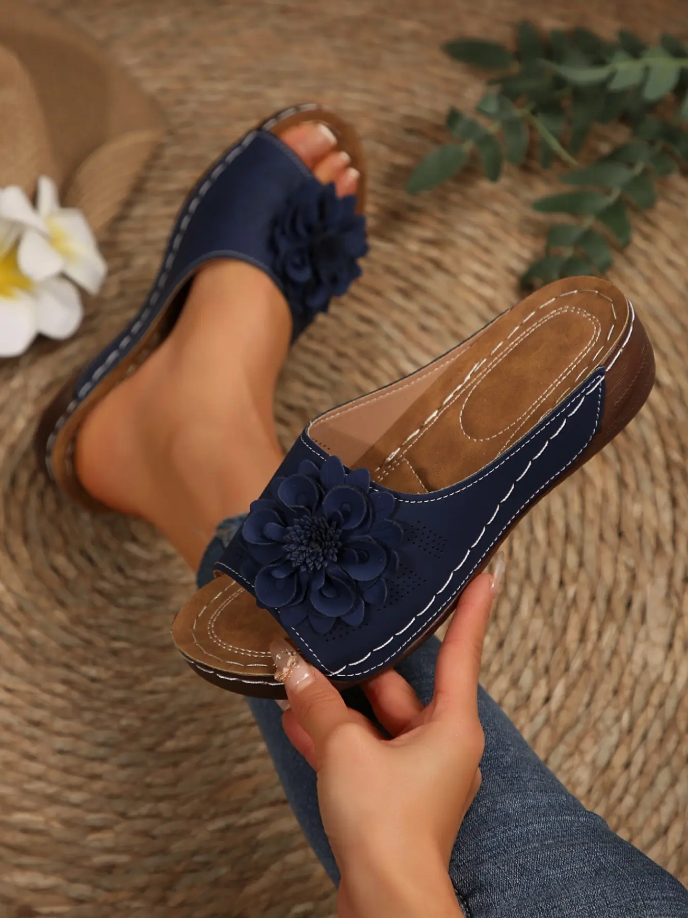 Women's Open Toe Wedge Sandals, Comfortable Slip-On Wedge Shoes, Multiple Color Options, Floral Decor, Beach Sandals, Casual Summer Footwear, Rubber Sole, Floral Wedges, Fashion Floral Sandals, Flower Sandals