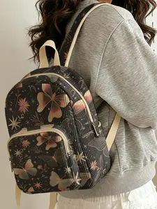 1 piece of 2D printed lady's backpack with a pattern of butterflies and flowers, velvet texture + layered storage + light weight reduction | Suitable for students to go to class/shopping/short trips | Combines atmosphere and practicality