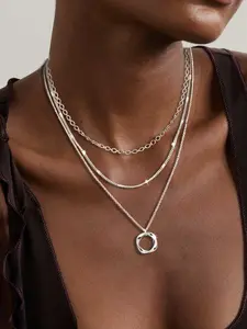 Women's Layered Necklace Set, Stackable Silver Color Pendant Necklaces, Casual Fashion Jewelry, Stainless Steel Chain, All Seasons