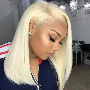613Front lace wig, real human hair 180% density, 13x4 high-definition lace front wig, pre-textured baby hair, glue-free short straight Bob wig (blonde,40.64 cm)