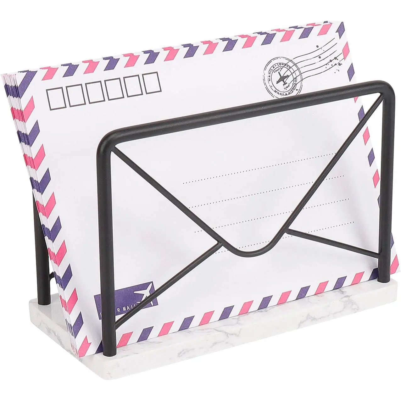Modern Mail Holder for  Office, Metal Letter Organizer Sorter for Desk, Cutout Mail Envelope Design, Bill Filling Paper Document Rack, Envelope Storage Rack with Marble Base (Black)