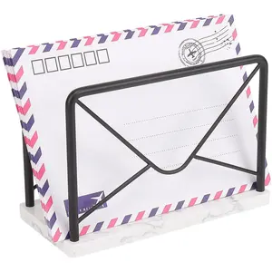 Modern Mail Holder for  Office, Metal Letter Organizer Sorter for Desk, Cutout Mail Envelope Design, Bill Filling Paper Document Rack, Envelope Storage Rack with Marble Base (Black)