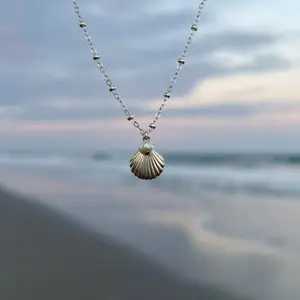 Sterling silver seashell and pearl charm necklace, silver beach necklace, seashell jewelry