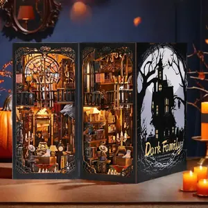 [Dark Family]DIY Book Nook Kit,Miniature House Dollhouse Kit for Adult and Teens,Book Nook Kits for Adults,Booknook Bookend Alley Model Build with Dust Cover,DIY Wooden Book Stand Ornament Miniature House Wooden Bookends Kit diy wooden dollhouse kit