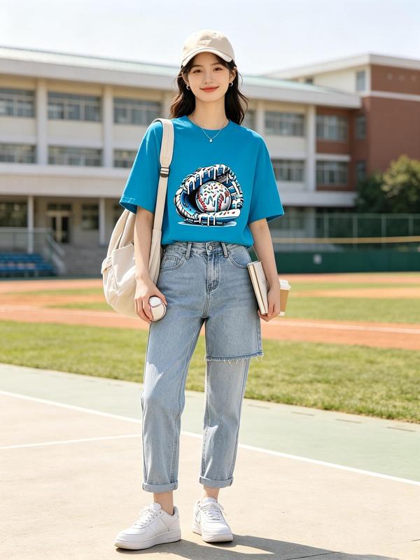 Women's Fitted Crew Neck Short-Sleeve Breathable Cotton Tee - Baseball Glove-Ice Cream Graphic Beach Top, Back-to-School Streetwear Tshirt for Matching Outfits, 1-Piece Casual Womenswear