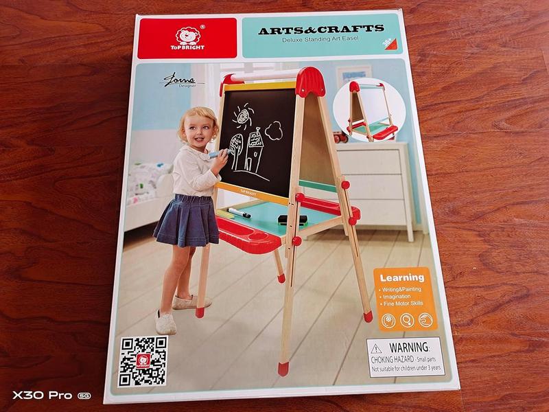 TOP BRIGHT Wooden Art Easel for Kids, Toddler Easel Adjustable with Painting Whiteboard, Child Easel with Magnetic Blackboard