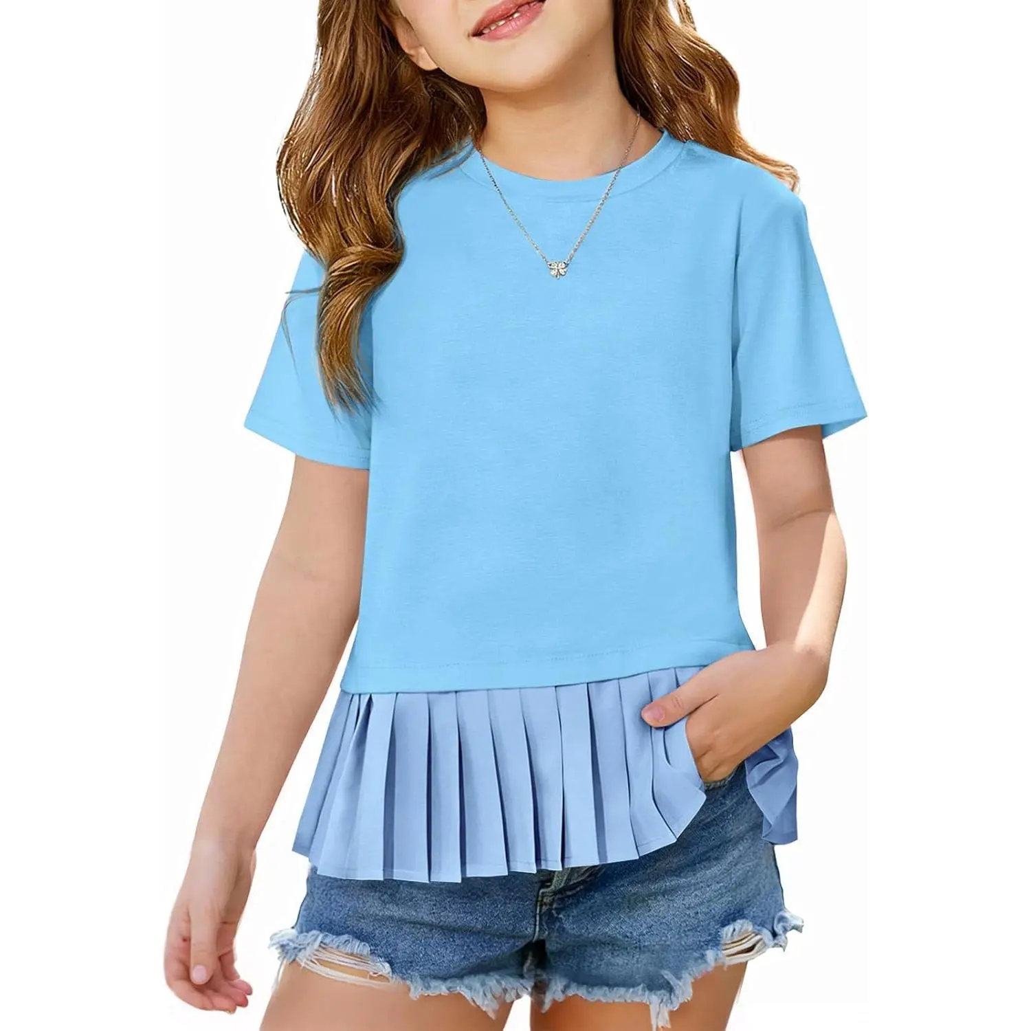 Haloumoning Girls Short Sleeve Shirts Kids Cute Pleated Hem T-Shirts Summer Fashion Tops Tees 5-14 Years Cute Cotton Tee