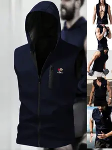 Men's Lightweight Breathable Windbreaker Vest, Outdoor Sports Casual Front Pocket Zipper Hooded Jacket, Foldable Design for Hiking Fishing Running