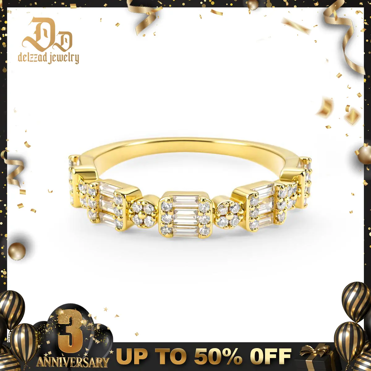 Delzzad 14K Gold-Plated 0.6ct Metropolitan Glow Ring Golden Cluster Half Eternity Stackable Ring Tiered Wedding Band VVS Synthetic Moissanite Ring Jewelry Perfect Birthday Engagement Wedding Anniversary Christmas Valentine's Day Gift