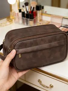 1pc  Solid color portable makeup bag, portable toiletry bag with zipper closure, fashionable and versatile, retro trend suitable for fitness, bathing, business travel, portable toiletry bag