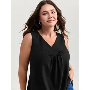 BLOOMCHIC Women's Plus Size Sleeveless Plain Stretchy V-Neck Pleated Polyester Fabric Tank Top - Casual Fit, M-6X Sizes, 2026 Summer Vibes