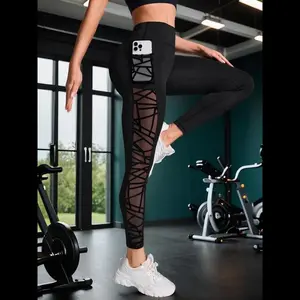 Women's Contrast Mesh Sheer Cut Out Leggings, Casual Comfy Breathable Skinny Pants for Yoga Gym Workout, Leggings for Women, Ladies Bottoms for All Seasons, Leggings with Pockets, Leggings, Tight Leggings, Workout Clothes Women