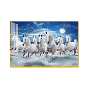 Crystal Porcelain Seven Horses Running Wall Art Painting with rose Golden Metal Frame | Orange & Blue Background | Spiritual Home & Office Decor (24x36 Inch)