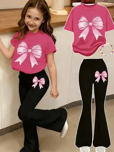 Girls' Bow Print 2-Piece Set, Casual Sporty Short Sleeve Top & Bell Bottom Pants, Comfortable Elastic Waist, Spring Summer