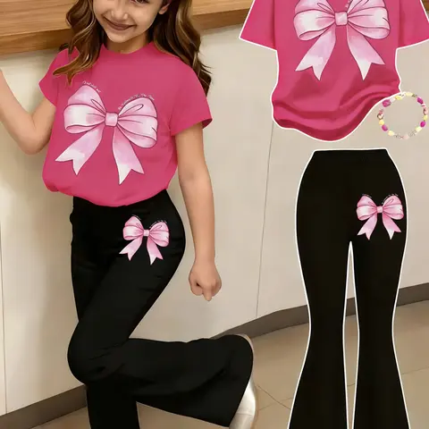 Girls' Bow Print 2-Piece Set, Casual Sporty Short Sleeve Top & Bell Bottom Pants, Comfortable Elastic Waist, Spring Summer, Summer Clothing Set, Clothes Sets