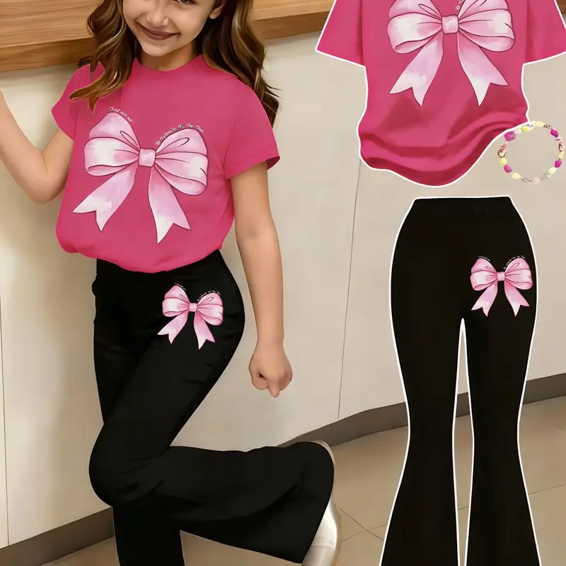Girls' Bow Print 2-Piece Set, Casual Sporty Short Sleeve Top & Bell Bottom Pants, Comfortable Elastic Waist, Spring Summer, Summer Clothing Set, Clothes Sets
