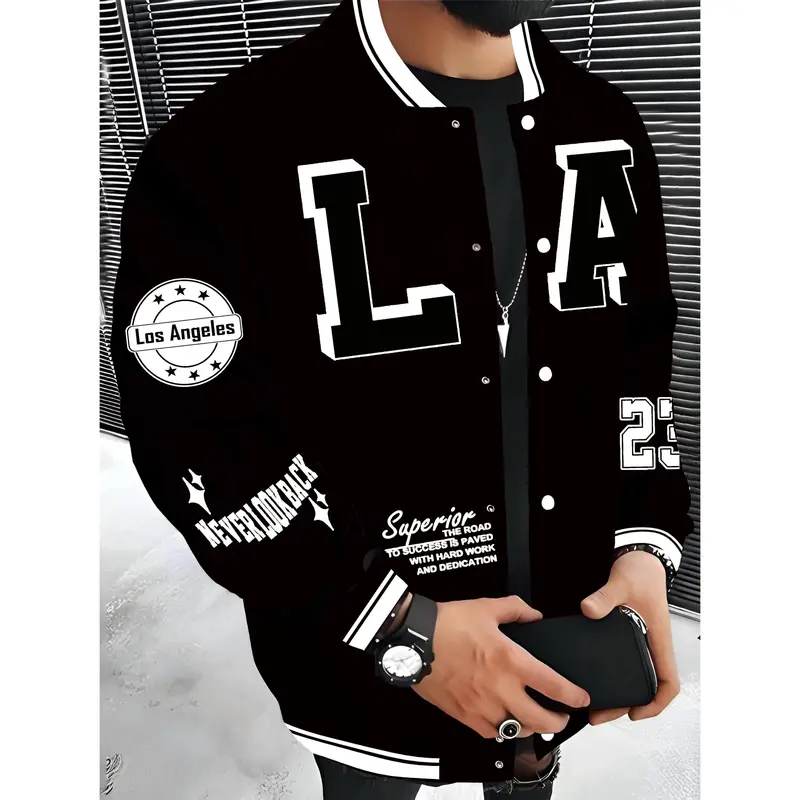 Men's Los Angeles LA Baseball Jacket Red Black with White Lettering SUPERIOR QUALITY Embroidery Lightweight Warm Polyester Varsity Coat Snap Button Closure Machine Washable Hip Hop Rock Style Urban Streetwear Casual Outerwear Comfortable for Daily Wear