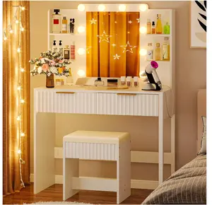 Lighted Makeup Vanity, White Vanity Table Set with 2 Drawer and Charging Station, Femal Gift