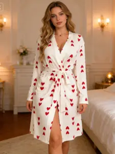 Women's Long Sleeve Loose Fit Nightgown Robe, Hearts Pattern Casual Home Wear, French Style Belted Design with Pockets, Loungewear Nightwear