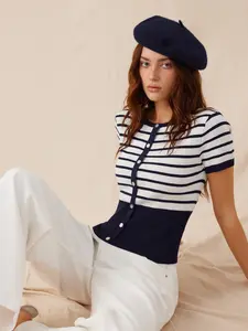 Cider Knit Striped High Stretch Short Sleeve Cardigan With Pearl Buttons