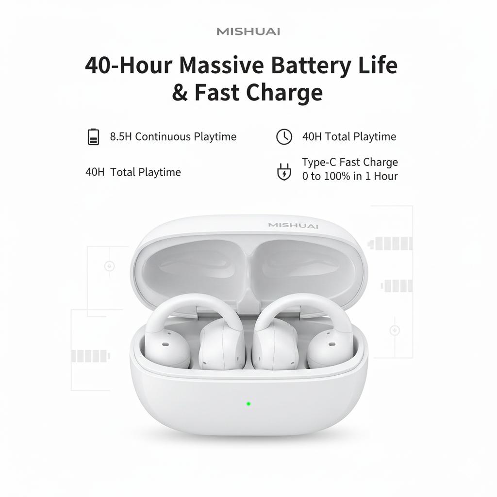 MISHUAI Open Ear Headphones Bluetooth 6.0, 5g Ultra-Light, 40H Battery, IPX6 Waterproof, 720° Surround Sound for Workout & Gaming, Clip-On Design, Zero Ear Fatigue ENC Headset Assistant Voice Smart with MISHUAI Open Ear Headphones Bluetooth 6.0, 5g Ultra-Light, 40H Battery, IPX6 Waterproof, 720° Surround Sound for Workout & Gaming, Clip-On Design, Zero Ear Fatigue ENC Headset Assistant Voice Smart with