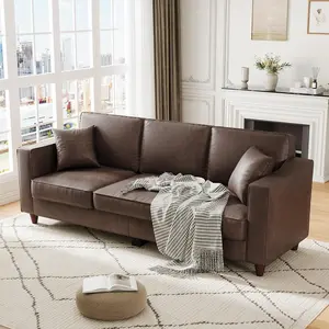 Garvee 85 Inches 3-Seater Sofa Couch with 2 Throw Pillows, Faux Leather Couch with Wide Armrests , Wood Legs, Deep Seats, Back Cushion, Sturdy Support Feet, Sofa Couches for Living Room, Office, Dark Brown