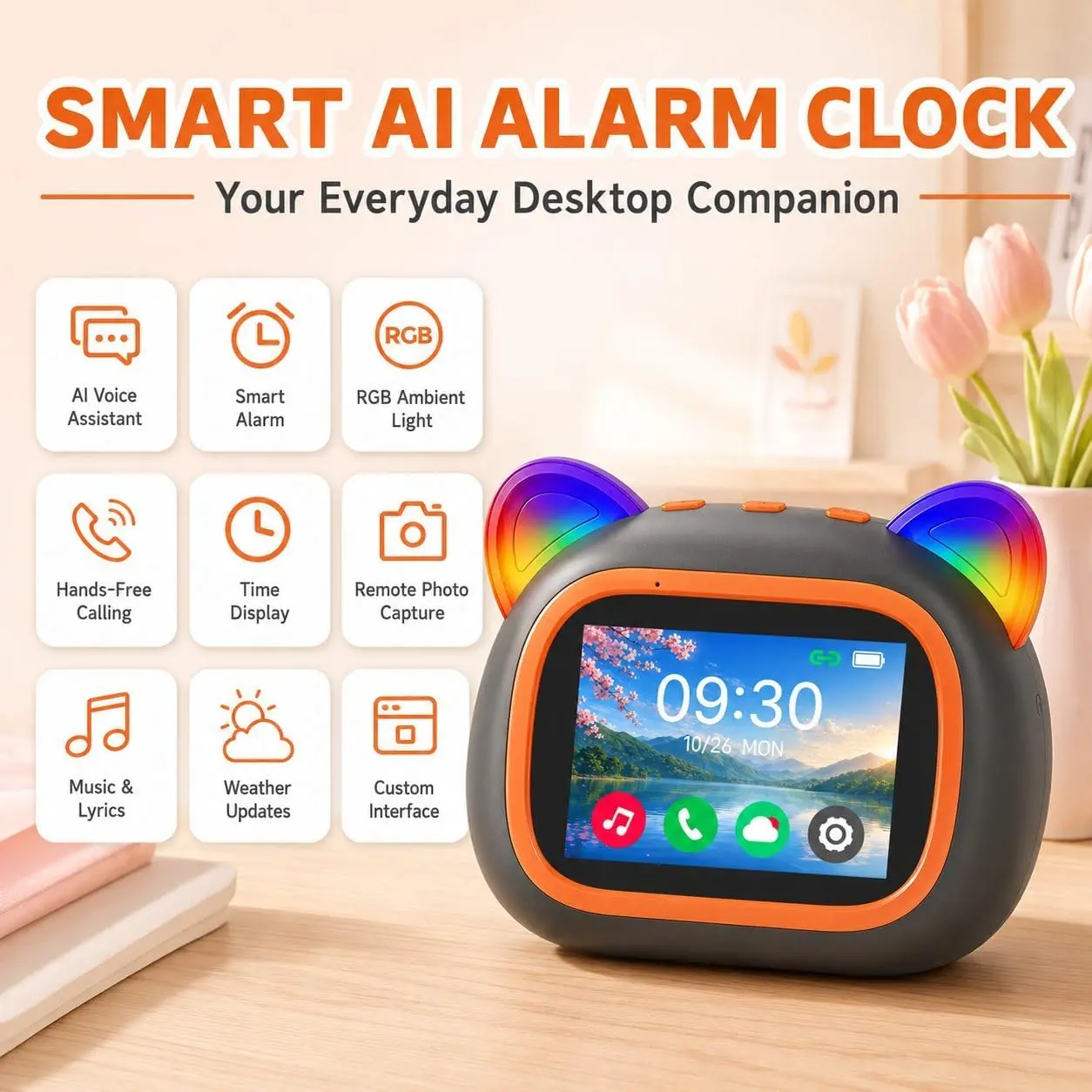 Smart Digital Alarm Clock with AI Voice Assistant, Voice‑Activated Desktop Bluetooth Speaker, Multifunctional Bedroom Nightstand Clock